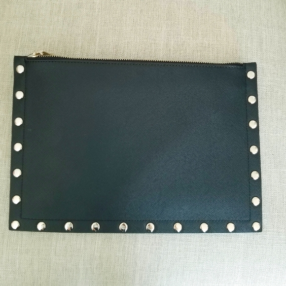 White House Black Market Black  Leather Silver Studded Pink Floral Clutch NWT - Picture 5 of 9